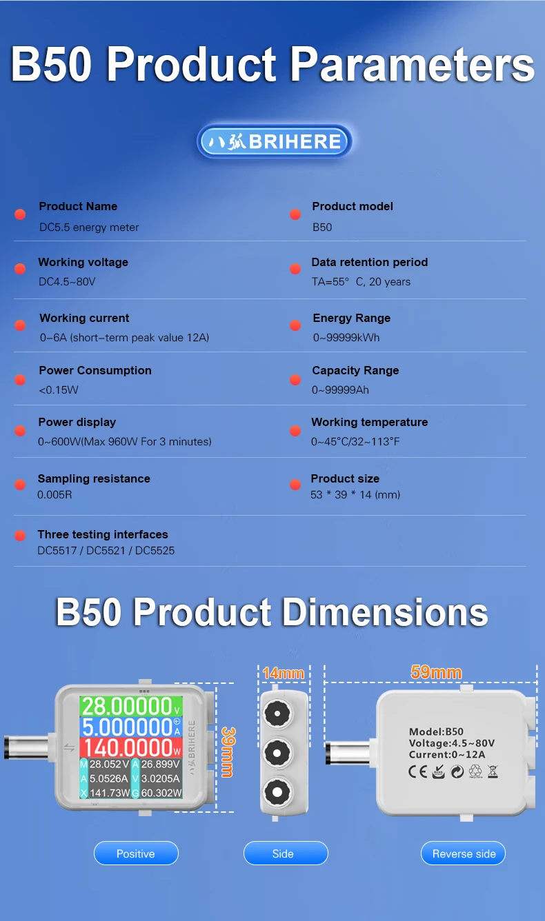 B50 DC5.5 Hochpräzisions-Tester Digitales Display Voltmeter Amperemeter Wattmeter DC Strom-Spannungs-Leistungsmonitor Industrieller Tester – Detail 20