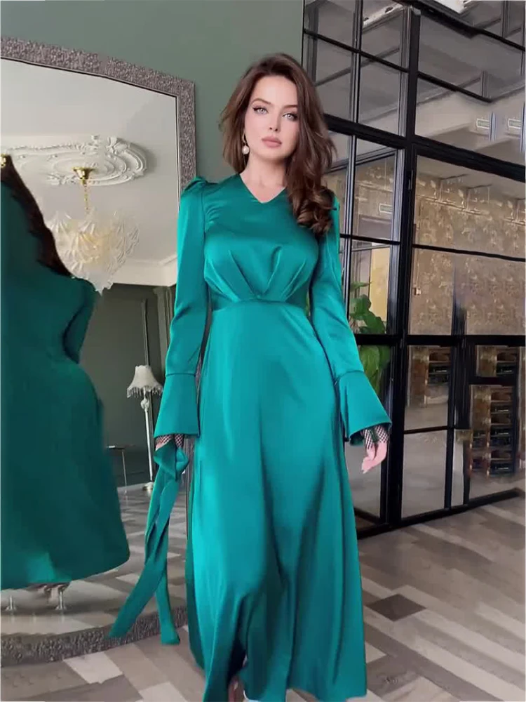 Eid Ramadan Muslim Dress Women Satin Split Sleeve Solid Maxi Jalabiya Vestidos Largos Dubai Party Evening Dresses Summer 2024