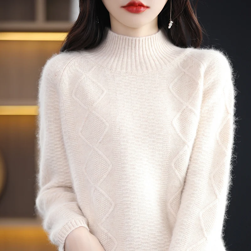 Autumn and Winter Semi-Turtleneck Authentic 100% Mink Cashmere Sweater Women\'s Loose Plus Size Jacquard Knit Base Hot Jumper