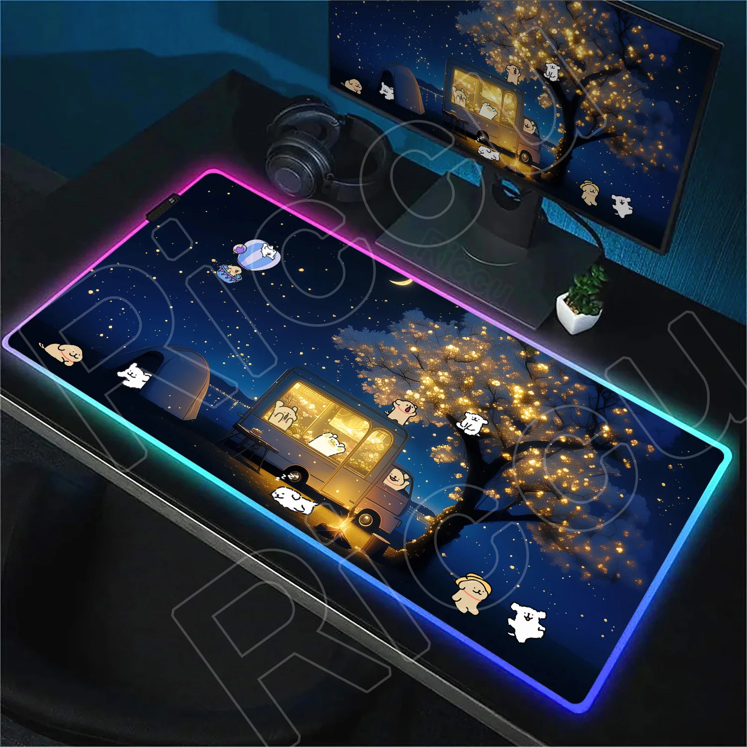 

Large RGB Mousepad Cartoon Line Puppy Maltese Mouse Mat 90x40cm Computer Keyboard Colorful Lumines Table Pad LED Backlit Carpets