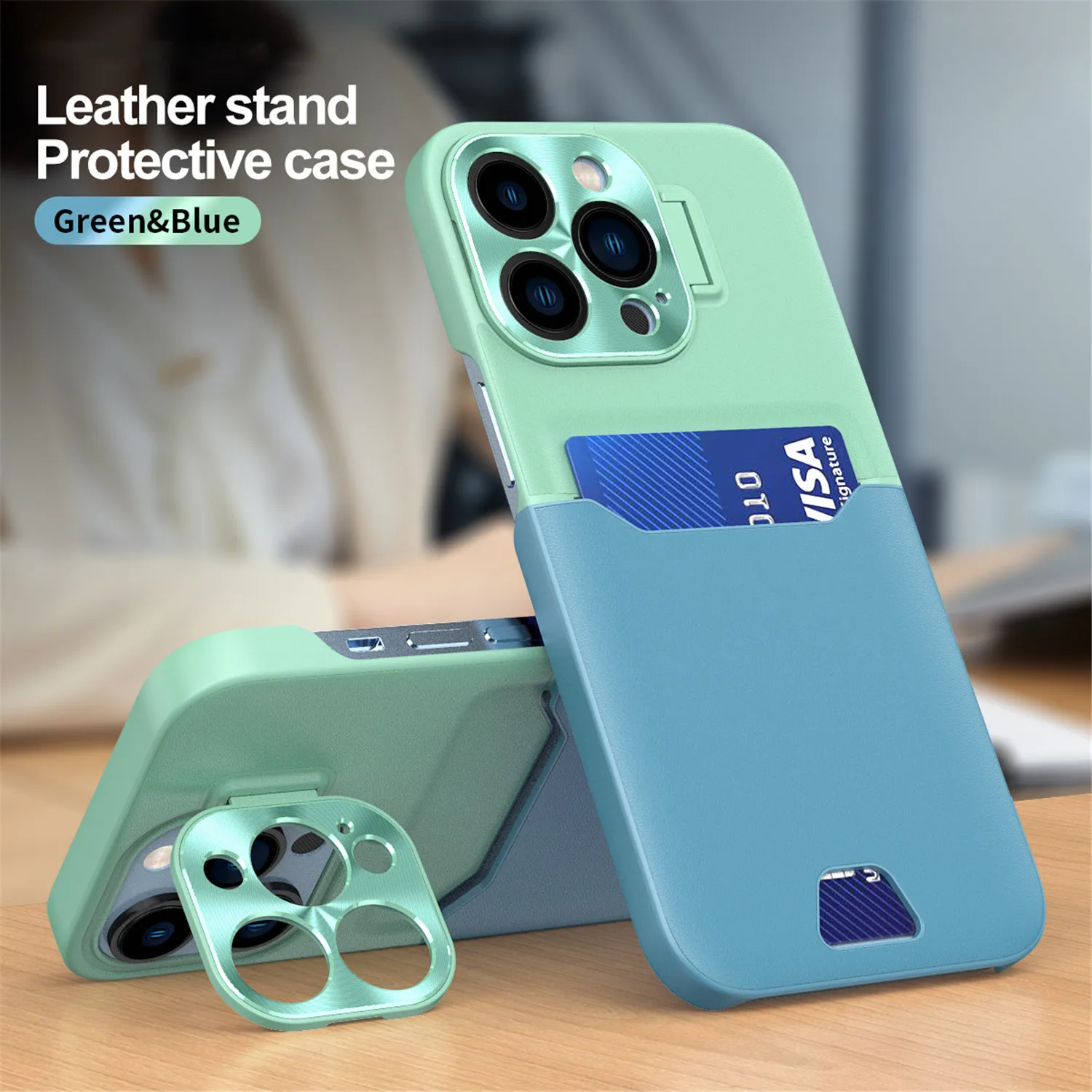 

Splicing Leather Stand Invisible Camera Lens Protective Bracket Case For iPhone 14 Pro Max Plus 13 Card Slot Holder Phone Cover