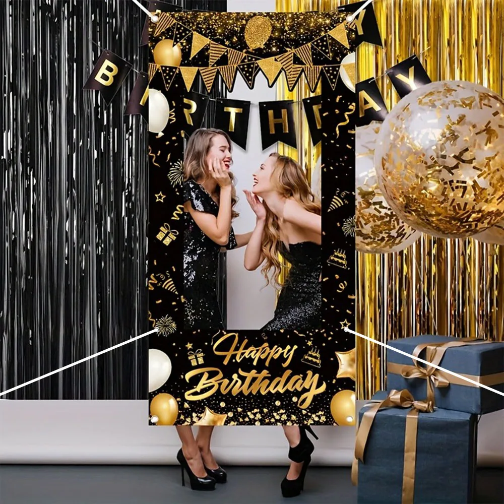 Fotobox-Rahmen Schwarz-Gold Geburtstagsparty Foto-Requisite Polyester Happy Birthday Foto-Hintergrund-Banner für Geburtstagsparty-Dekoration – Detail 5