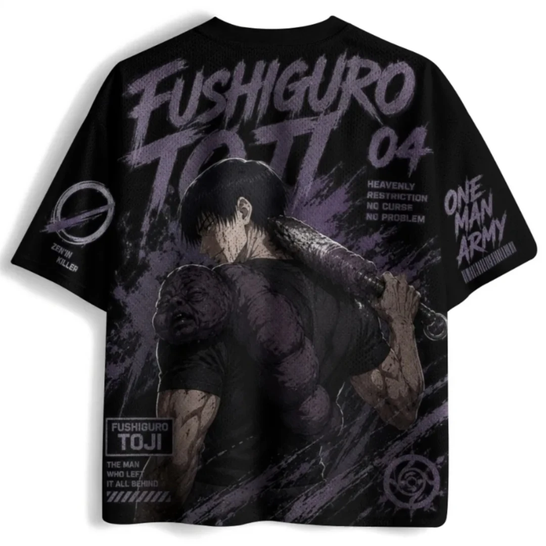 Curse Battle Fushiguro Toji Purple Black V-neck Breathable Mesh Anime Character Printed Street Style Casual Loose Top
