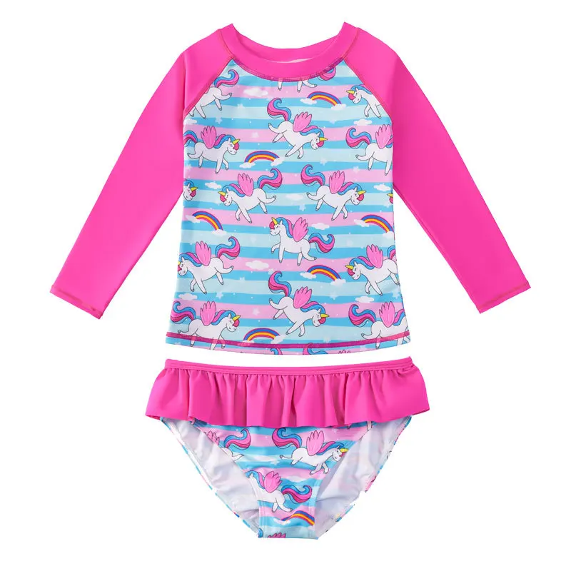 

2024 Summer Girls Long Sleeves Unicorns Split Bathing Suit 3-12Years Kids Sun Protection Beach Swimsuits Bikini Two-piece Suit