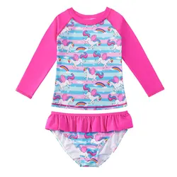 2024 Summer Girls Long Sleeves Unicorns Split Bathing Suit 3-12Years Kids Sun Protection Beach Swimsuits Bikini Two-piece Suit