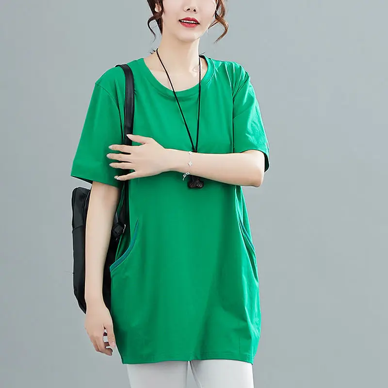 Street Casual Summer New Plus Size Short Sleeve T Shirts Solid Pockets Patchwork Loose Tops Tees Vintage Fashion Women Clothing