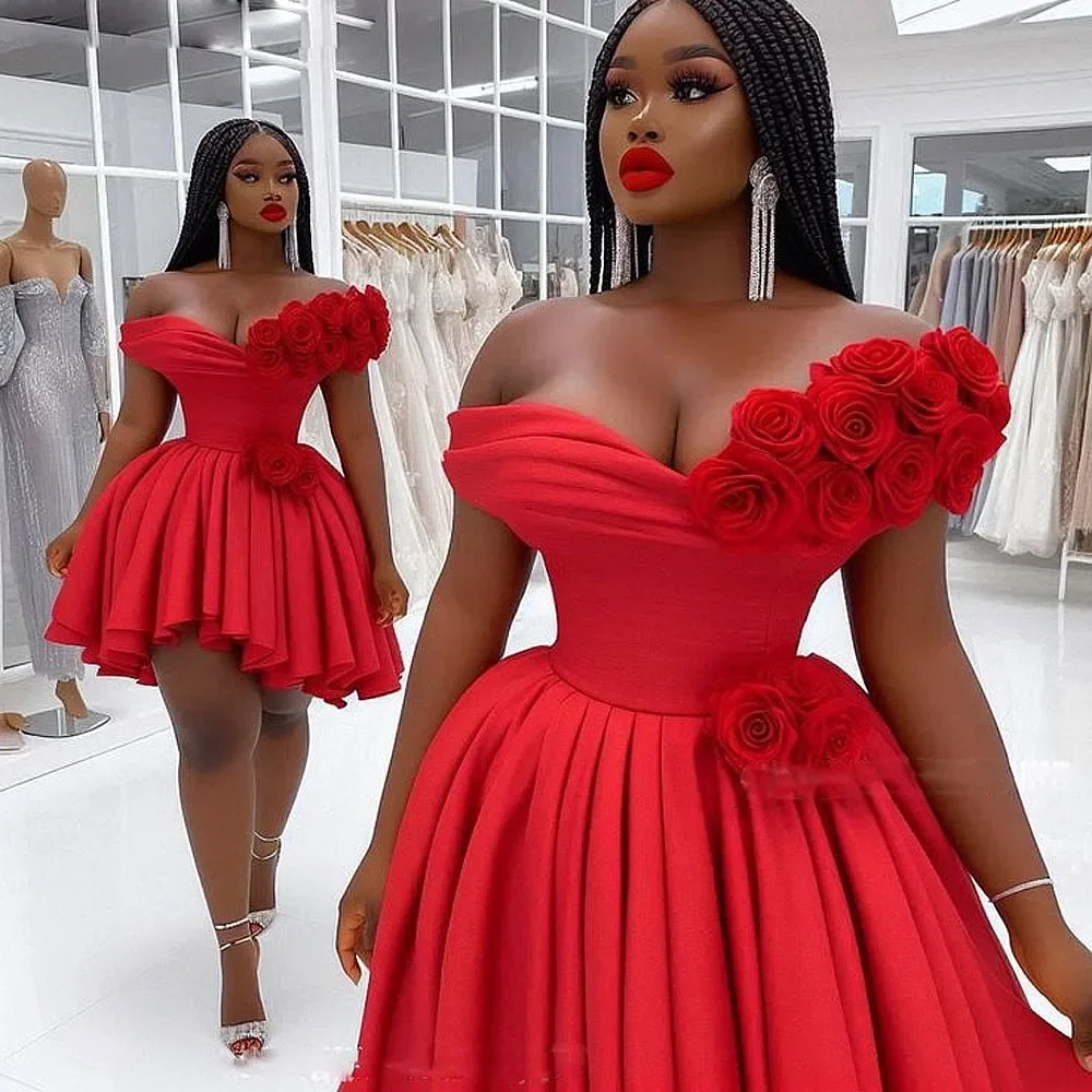 

Sexy Handmade Flowers Prom Dresses Off The Shoulder Draped A Line Plus Size Homecoming Gowns Girls Short Birthday Dress