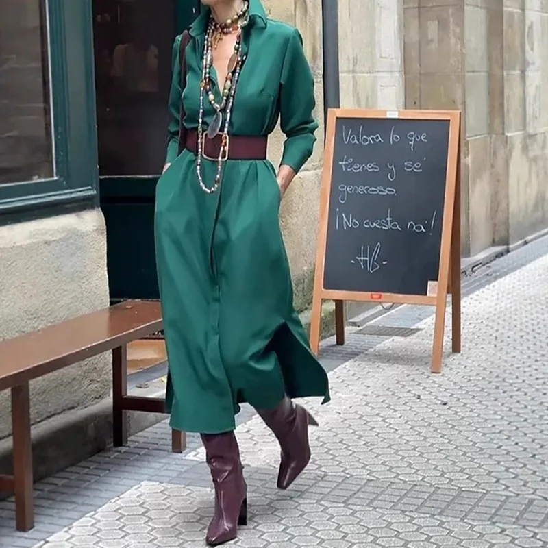 Nieuwe eenvoudige effen kleur pocket maxi-jurk elegant temperament losse kantoorjurken herfst dames revers shirtjurk met lange mouwen