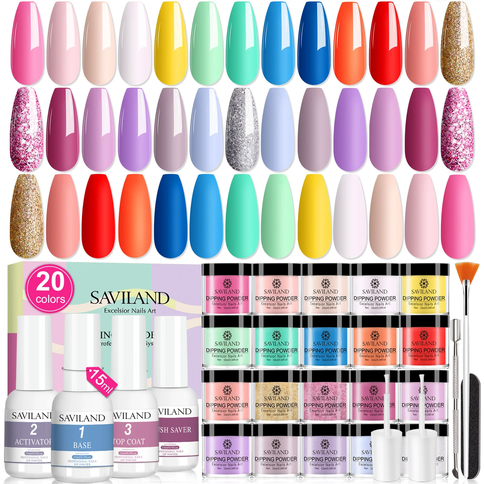 Saviland 20 Colors Dipping Powder Acrylic Powder Dip Powder Liquid Set with Base Top Coat Natural Dry Long Lasting Nail Art