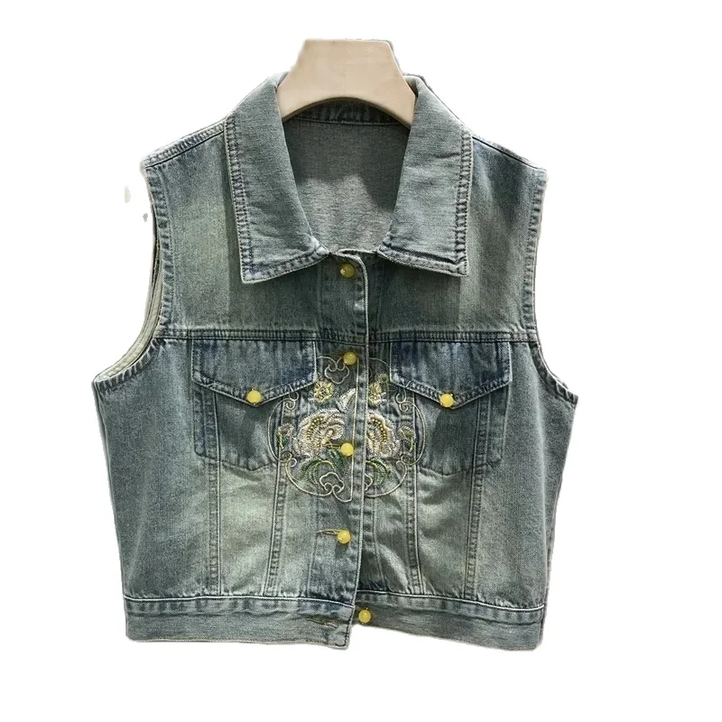 

Vintage Embroidery Denim Vest Women 2025 New Spring Autumn Sleeveless Jeans Waistcoat Women Short Jacket Casual Vest Ladies Tops