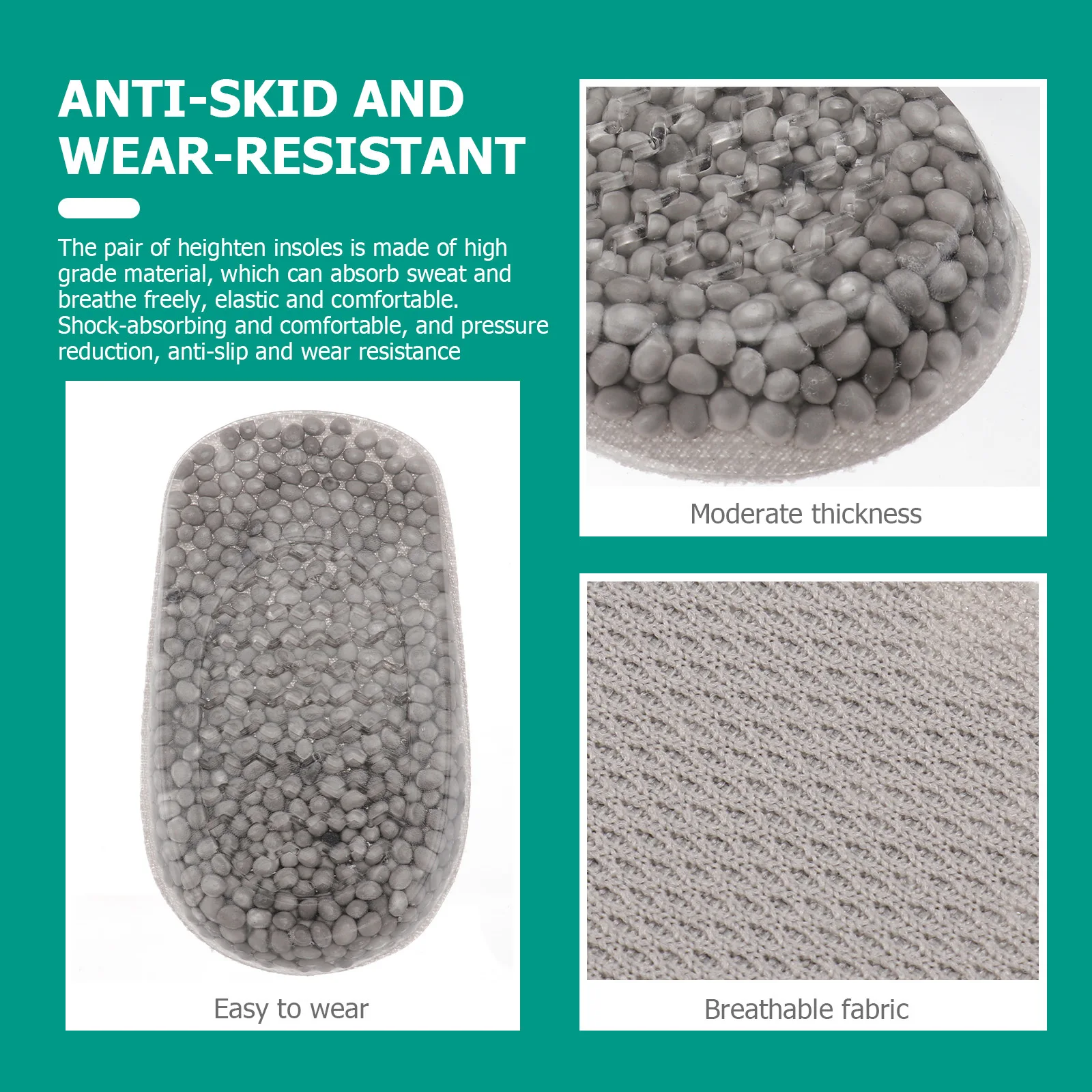 

1Pair Hidden Insole Unisex Height Increase Design Shock Absorbing Pressure Reduction Sweat Absorbent Grey Unisex Height Insoles