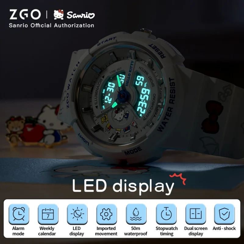 ZGO Sanrio Hello Kitty ladies' digital watch multi-functional dual