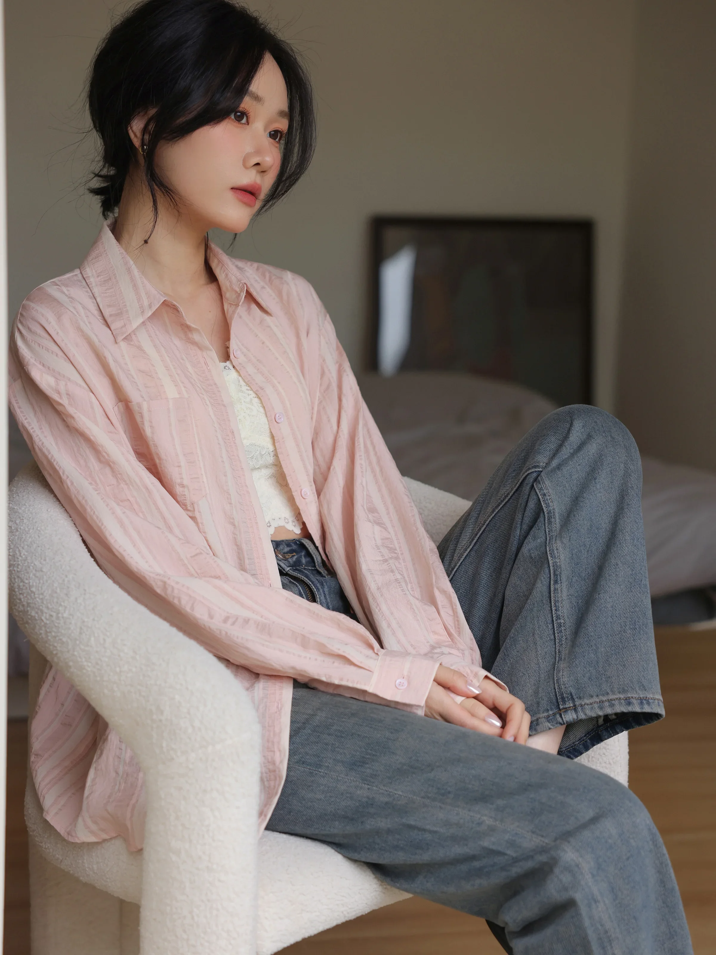 Women Summer Striped Textured Shirt Loose Fit Long Sleeve Button Down Blouse Casual Office Top Lightweight Daily Outerwear