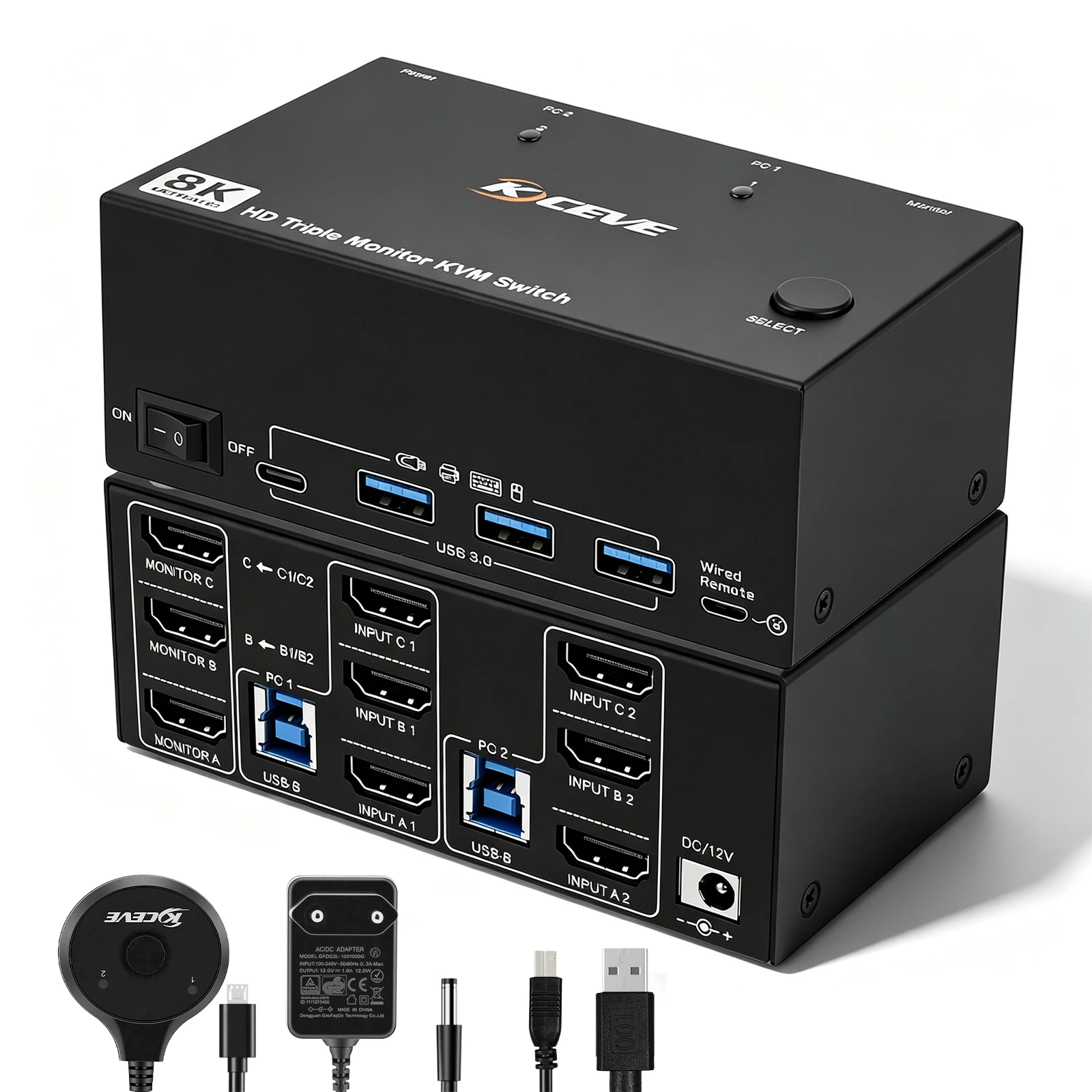 KVM-Switch mit USB-C- und HDMI-Eingang, unterstützt 4K120Hz oder 8K60Hz, 3-Port-USB-KVM-Switch, unterstützt 3 Computer für den gemeinsamen Einsatz von einem Monitor und