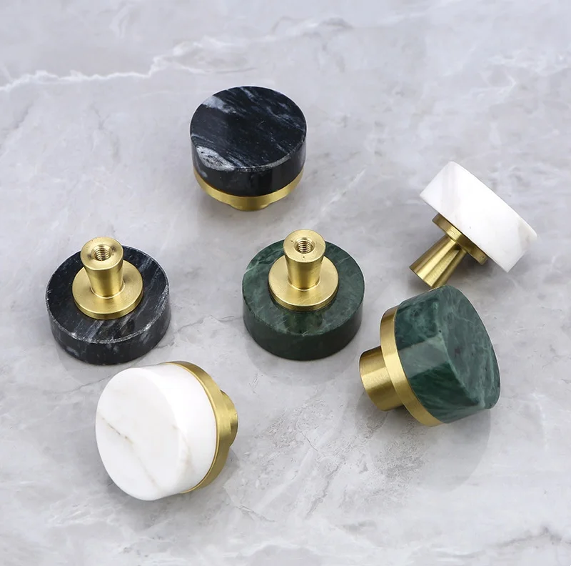 2Pcs Brass Marble Handle, European Round Furniture Wine Cabinet Bookshelf Drawer Door Handles, Glossy Knobs