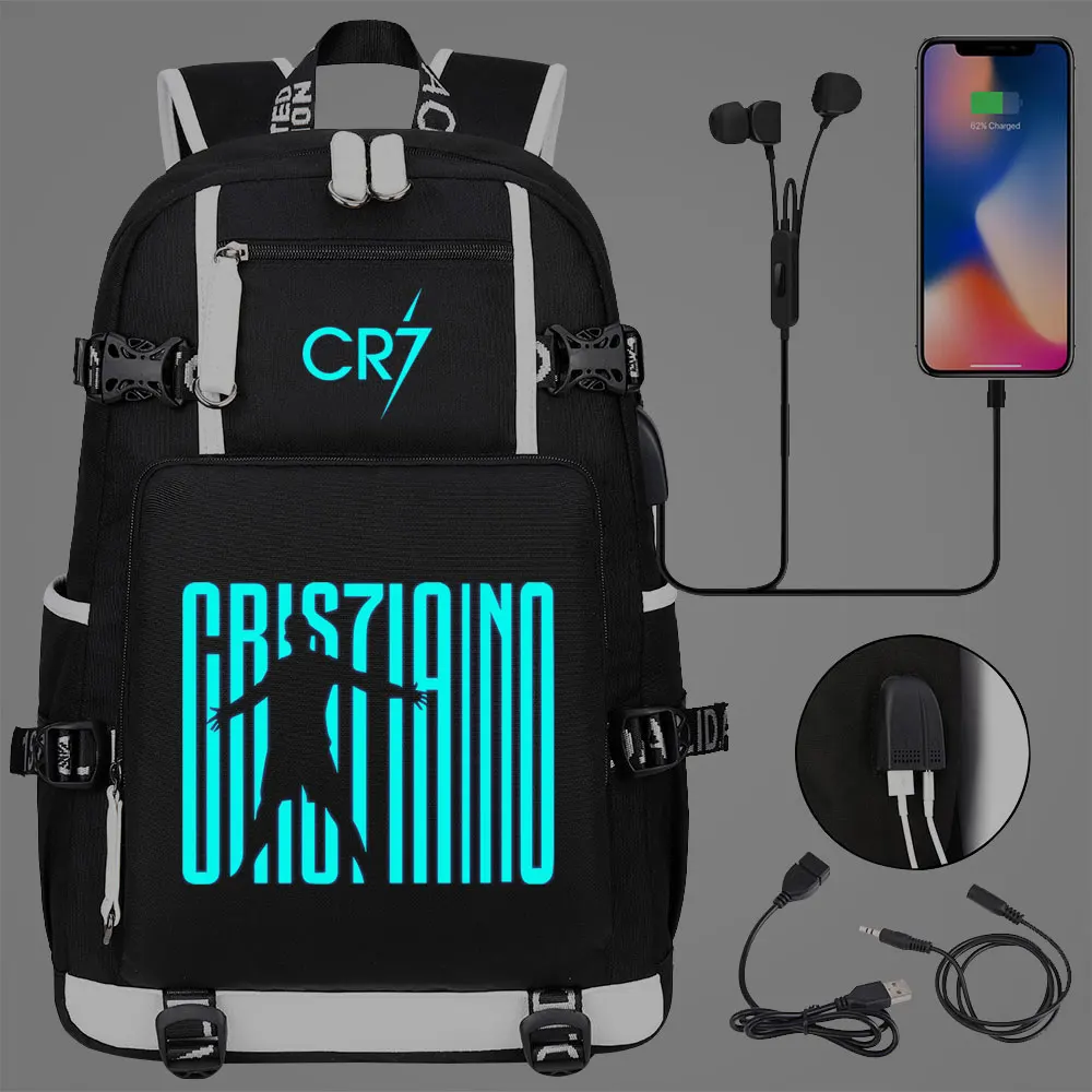 Luminous CR7 Football Backpack Male&Female USB Charge Students Schoolbags Computer Travel Laptop Mochilas