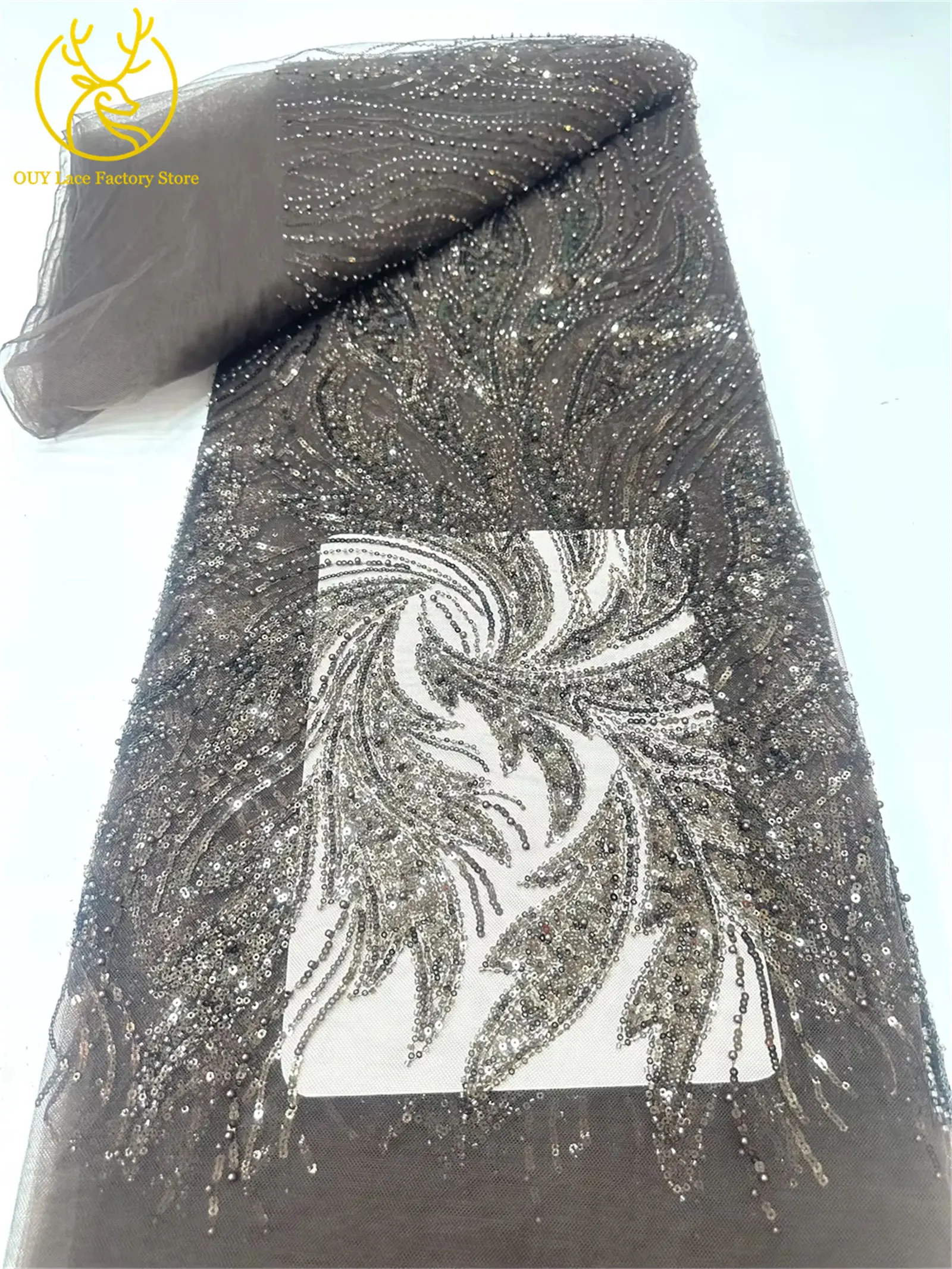Luxuriöser Afrikanischer Bräutigam Perlenverzierter Tüll-Spitzenstoff Goldene Französische Pailletten-Spitze 5 Meter Nigerianischer Stoff für Brautkleider – Detail 20