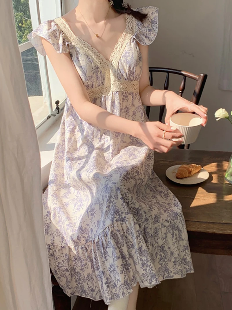 Korean Kawaii Lounge Nightdress Women Summer Sweet Cotton Lace Print Sleeveless Ruffles Nightgowns Victorian Princess Sleepwear