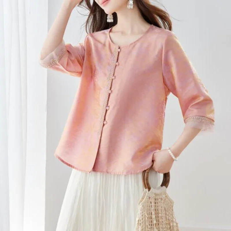 Women All Season Jacket Jacquard Satin Vintage Buitton Coat Embroidery Patch Work Mesh Three Quarter Sleeve Chinese Clothes