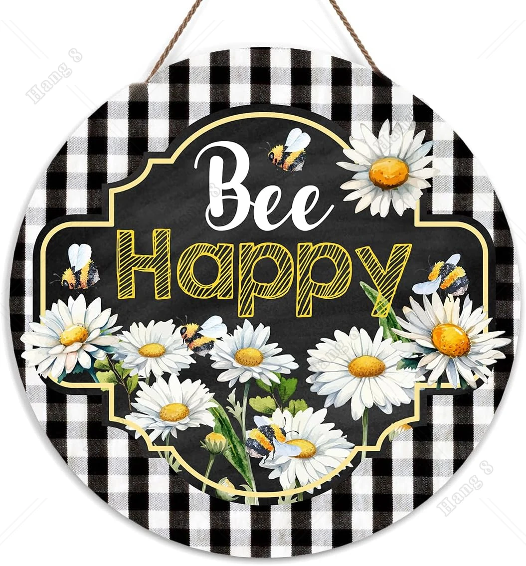 

Bee Welcome Door Sign, Bee Happy Decor Wooden Sign Round Decorative Wall Plaque Rustic Daisy Welcome Sign for Front Door 12in