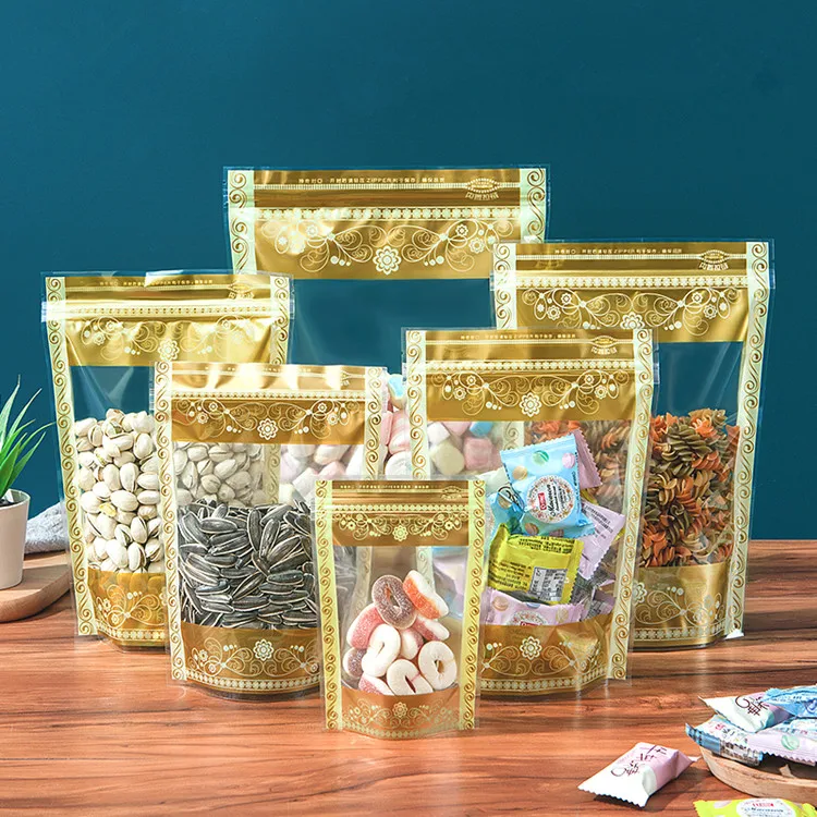 

100pcs Stand Up Plastic Gold Zip Lock Clear Window Bag Resealable Coffee Snack Cookie Nuts Bakery Packaging Gift Pouches