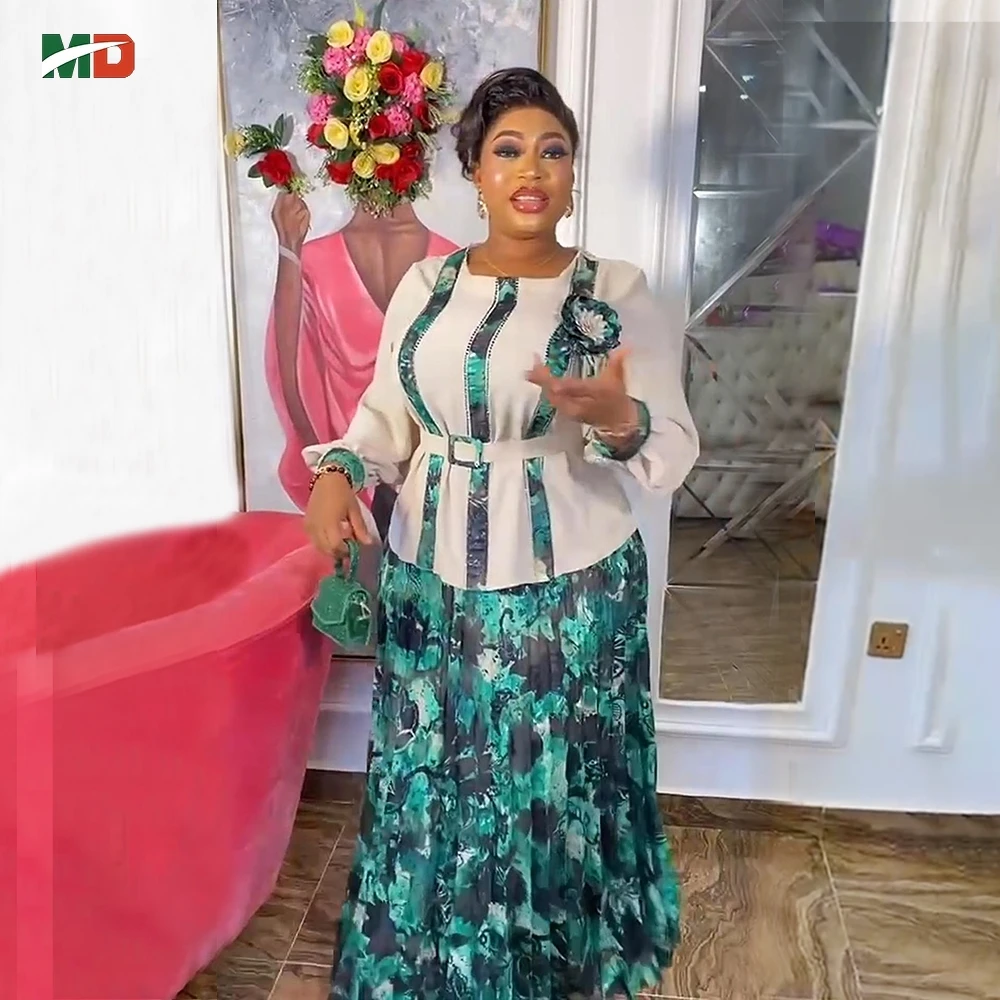 

MD Dashiki Printed African 2 Pieces Set For Women Dress Shirt Plus Size Clothing Floral Maxi Robe Elegant Ladies Office Outfit