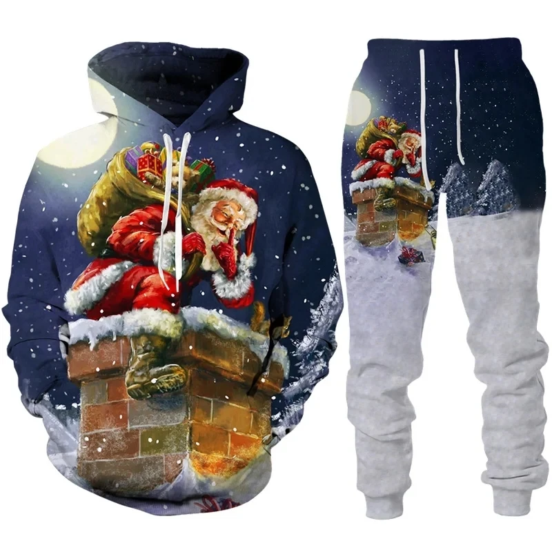 Hoodies ผู้ชายชุดปีใหม่คริสต์มาสผู้ชายอะนิเมะ Hoodie กางเกงชุด Santa Claus 3D พิมพ์ปาร์ตี้ Street สนุกเทศกาลชุด