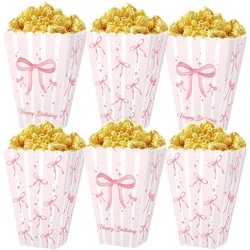 6pcs Bow Popcorn Boxes Pink Stripe Pattern Popcorn Boxes Bow Party Paper Popcorn Candy Containers for Birthday Bridal Shower