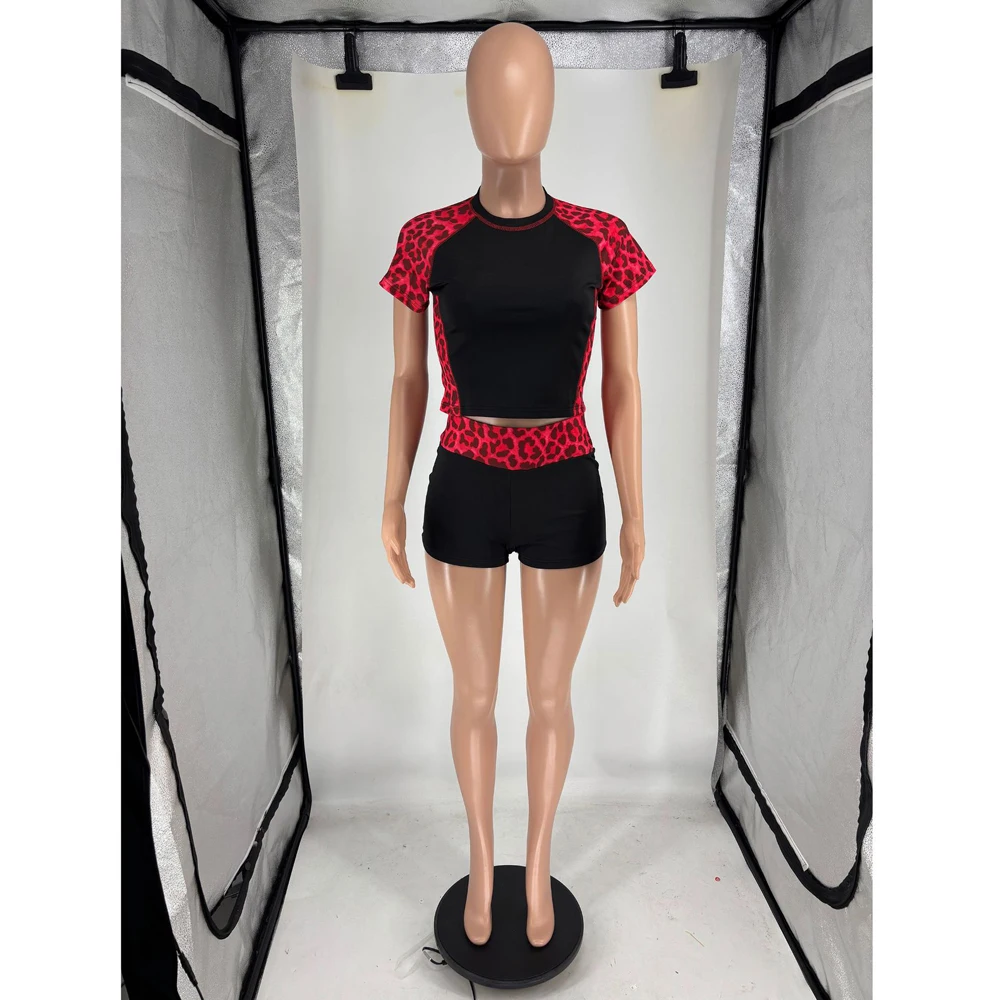 Y2k Sommer Neues Farbspleiß-Design Leopardenmuster Zweiteiler Damen Trainingsanzug Rundhals Slim Crop Top und Shorts Outfit Streetwear – Detail 11