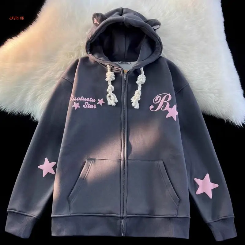 Casual Hoodie Spandex Top Long Sleeve Oversize Hooded Sweatshirt Star Ear Designed for Autumn and Winter Keep Warmth