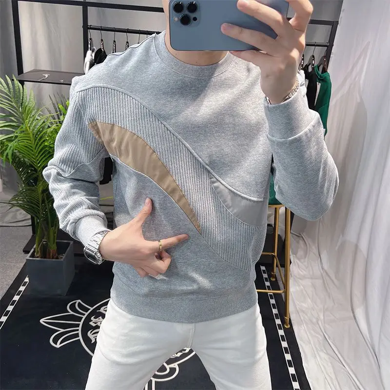 

Korean Fashion Autumn Sweatshirts Men O-Neck Contrast Color Patchwork Trend High Street Plus Velvet Thicken Long Sleeve Slim Top