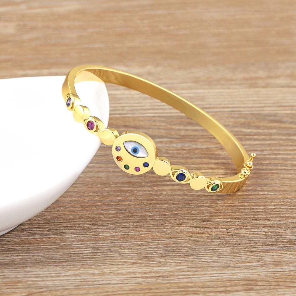 

Nidin Trendy Turkish Evil Eye Gold Plated White/Colorful Bangle Round Shape Lucky Blue Eyes Cuff Bracelets Wristband Gift