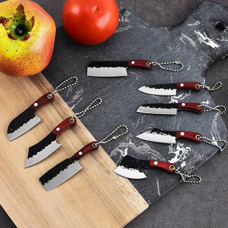 New Forged Pattern Knife Wood Handle Kitchen Key Chain Pocket Knife Stainless Steel Camping EDC Small Portable Open Box Knife