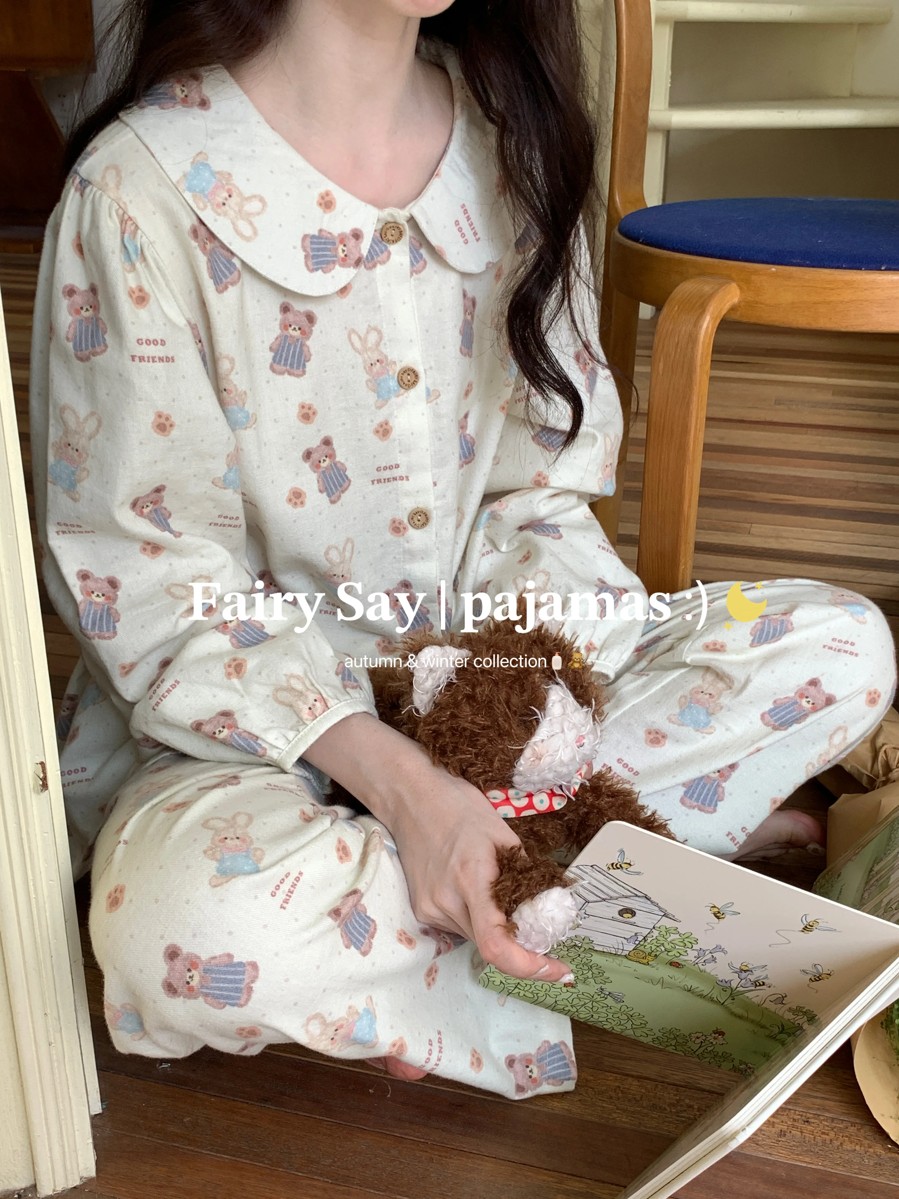 Cute Bear and Rabbit Cotton Pajamas Long Sleeve Peter Pan Collar Single-breasted Home Clothing Korean Style Loungewear