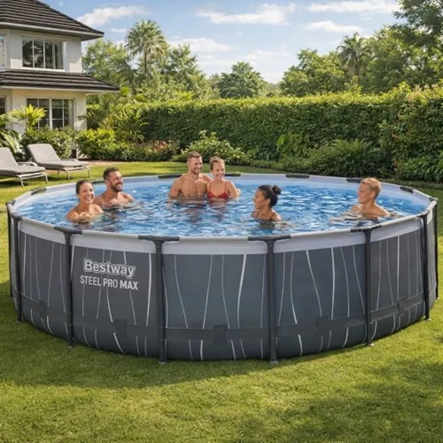 15' x 42" Above Ground Pool, Round Metal Frame Outdoor Swimming Pool Set with LED Light, Filter Pump, Ladder, & Cover, Dark Gray