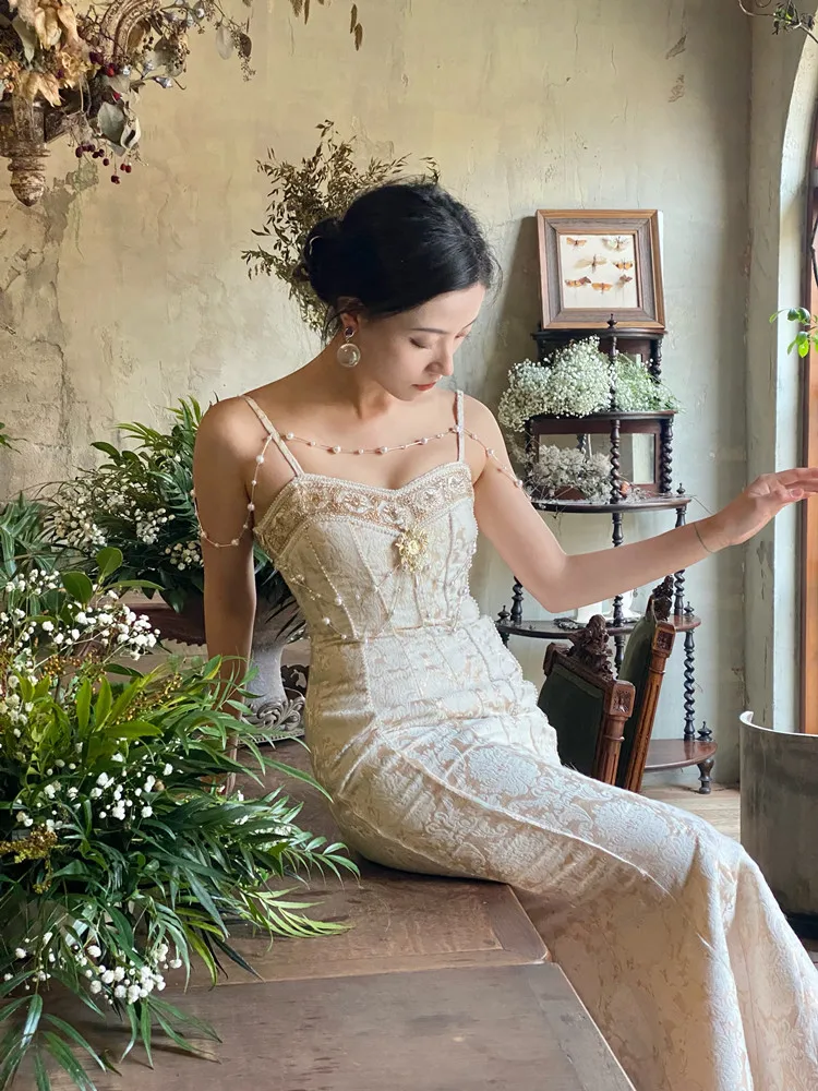 AIGYPTOS Summer Maxi Wedding Dress Women Vintage Baroque Style Elegant Slim Party Evening Full Dress FishTail Bodycon Dress