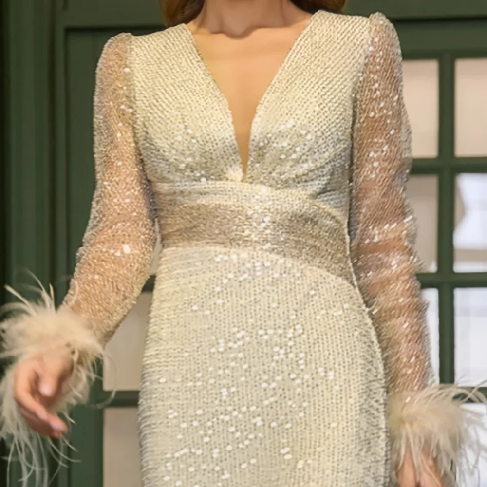 Classic V-Neck Sequined Beading Feather Straight Bride Wedding Dresses Bridal Gowns Customized