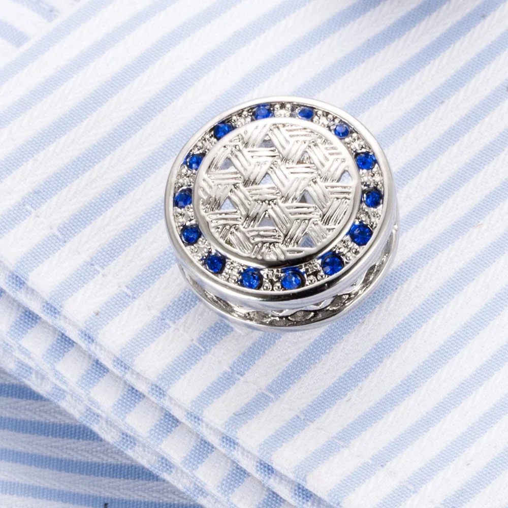 Men\'s Wedding Blue Rhinestone Cufflinks Golden Fashion Men Business Banquet Formal Wear Suits Buttons New Mens French Cuff Links