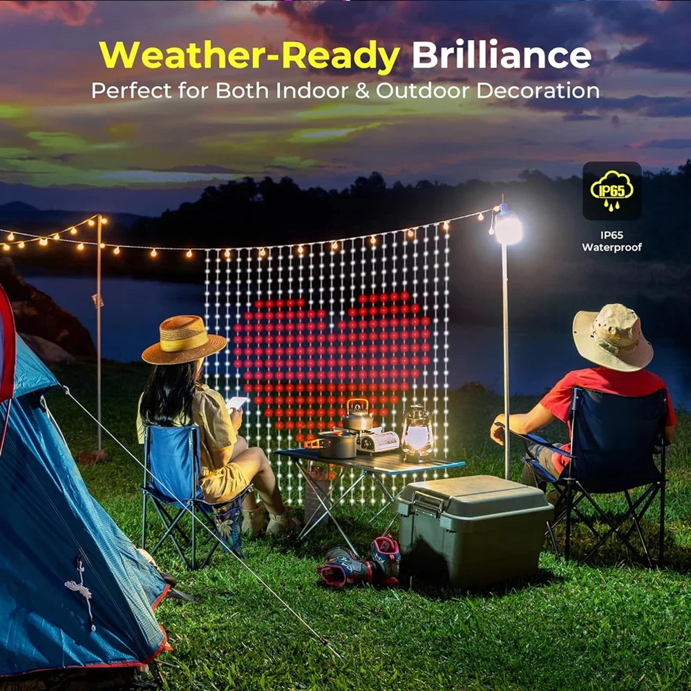 Lampu Tirai Pintar LED untuk Jendela, Lampu Peri dengan Kontrol Aplikasi, Pola DIY, Sinkronisasi Musik, Tahan Air, Dekorasi Luar Ruangan, Taman, Pernikahan, dan Liburan