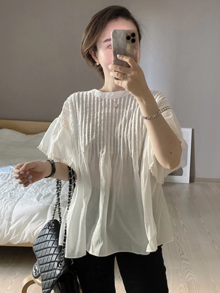 

Chic Summer Loose round Ne Pleated Ba Single Button Fly Sve irt Women's Top Commute Sle ort Sve