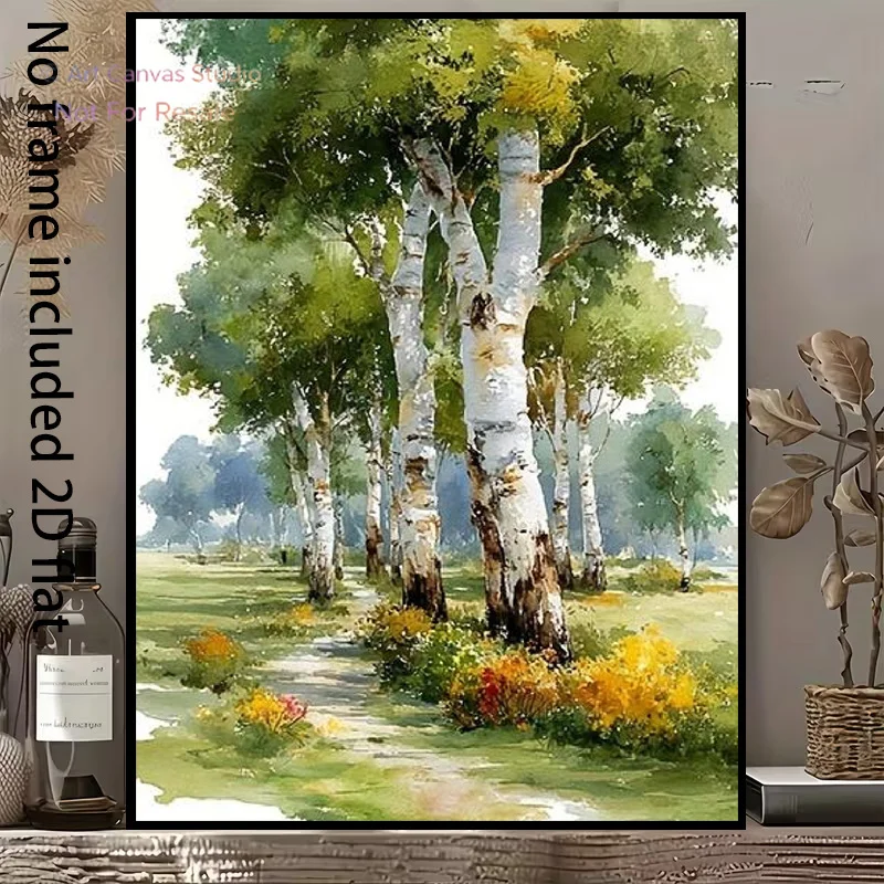 2D Flat, 1pc Vertical Watercolor Birch Forest Canvas Painting - Frameless Suitable for /, Lush Green Birch with Winding Paths