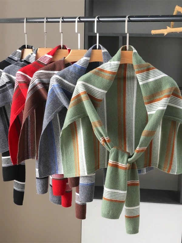 Woolen Shawl T-Shape Layered Wear Women's Outerwear Autumn Winter New Style Retro Color Block Striped Fashionable Shoulder Pad
