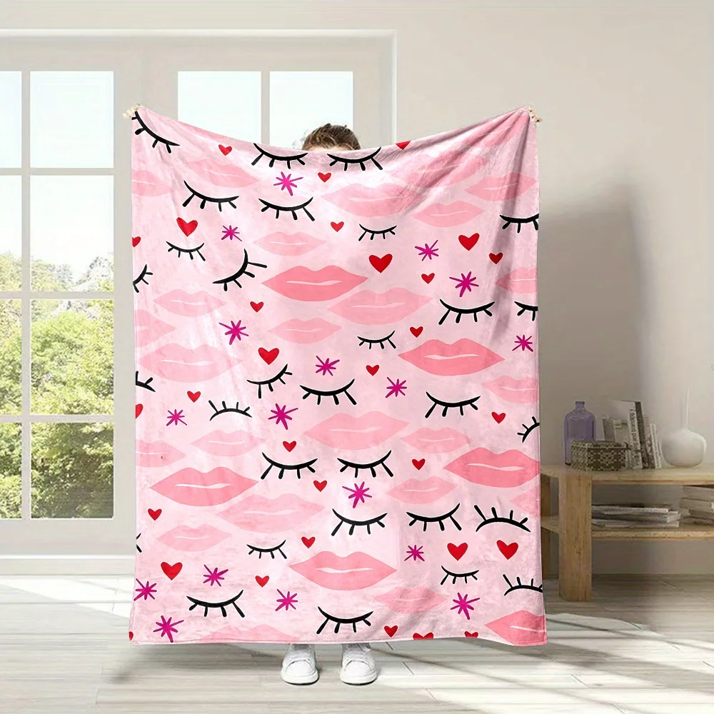 Pink Lipstick Heart Blanket Reversible Flannel Throw for Glam Lovers AllSeason Comfort Feminine Chic Gift