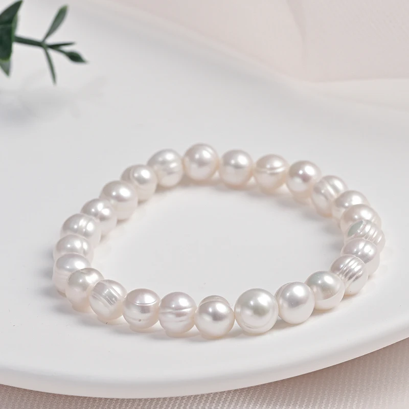 8-9mm Natural Freshwater Pearls Baroque Punch Screw Thread Elastic Rope Pearl Bracelet Simple Fashion Jewelry Gift for Women