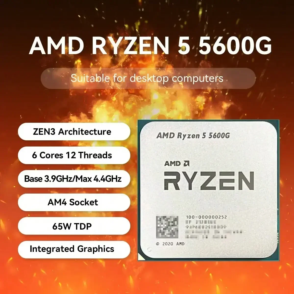 AMD Ryzen 5 5600G 3.9 GHz Base Clock 6-Core 12-Thread Desktop Processor CPU, AM4 Socket, AMD Radeon Graphics, for High End Compu