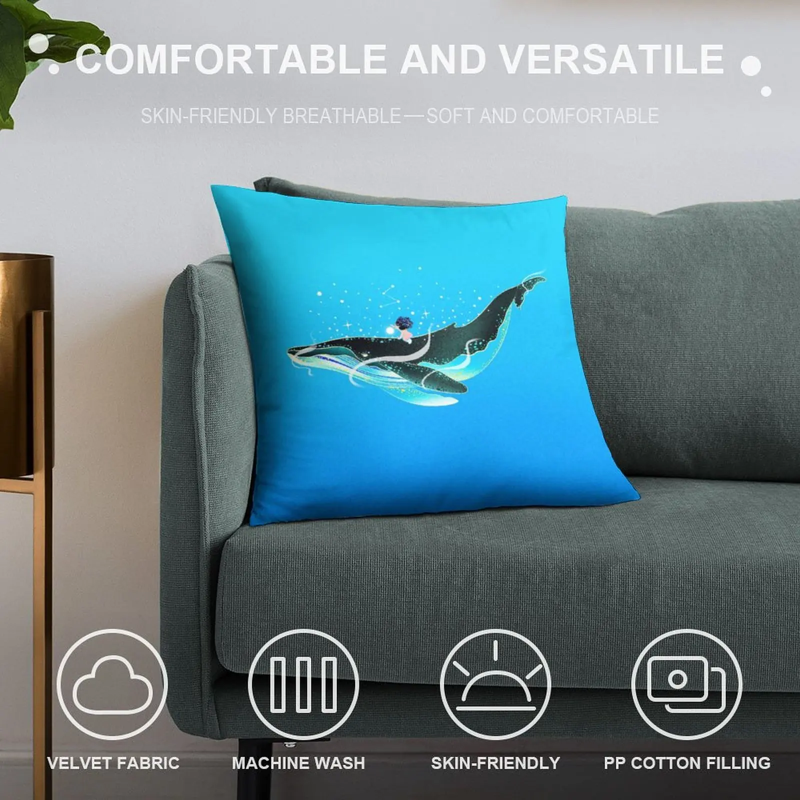 Velvet living room furniture inlaid cushion Decorative Scandinavian sofa pillow cover Bed backrest  Whale pattern