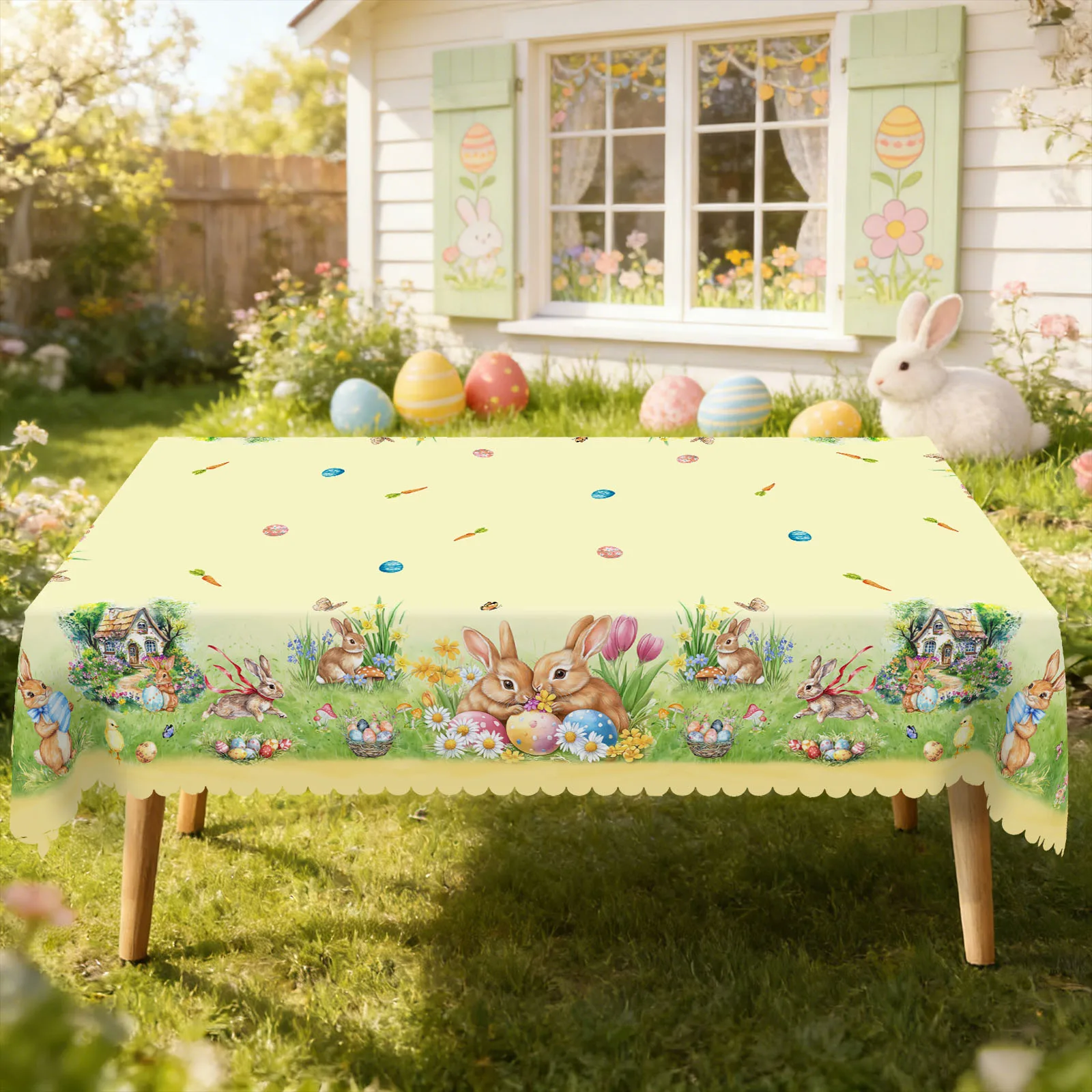 1 Piece of Easter-Themed Round Tablecloth, Available in Various Sizes, Featuring a Soft and Cute Group of Rabbits Hugging Each Other and Painting Colorful Eggs, with Colorful Floral Clusters Surrounding a Cozy Little House, Adorned with Tender Carrots and Lively Butterfly Shadows, Embossed Edge Craftsmanship, Spring Garden Tablecloth Decoration, Suitable for Everyday Home Kitchen and Patio Use, Easter Decoration, Spring Party Decoration Gift