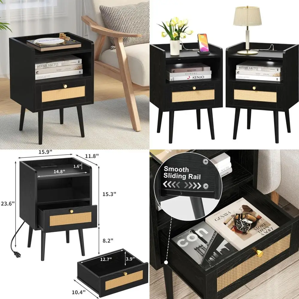 

Rattan Nightstands Set with Charging Station, Solid Wood Legs, Boho Style for Bedroom or Dorm, Compact Size - Black
