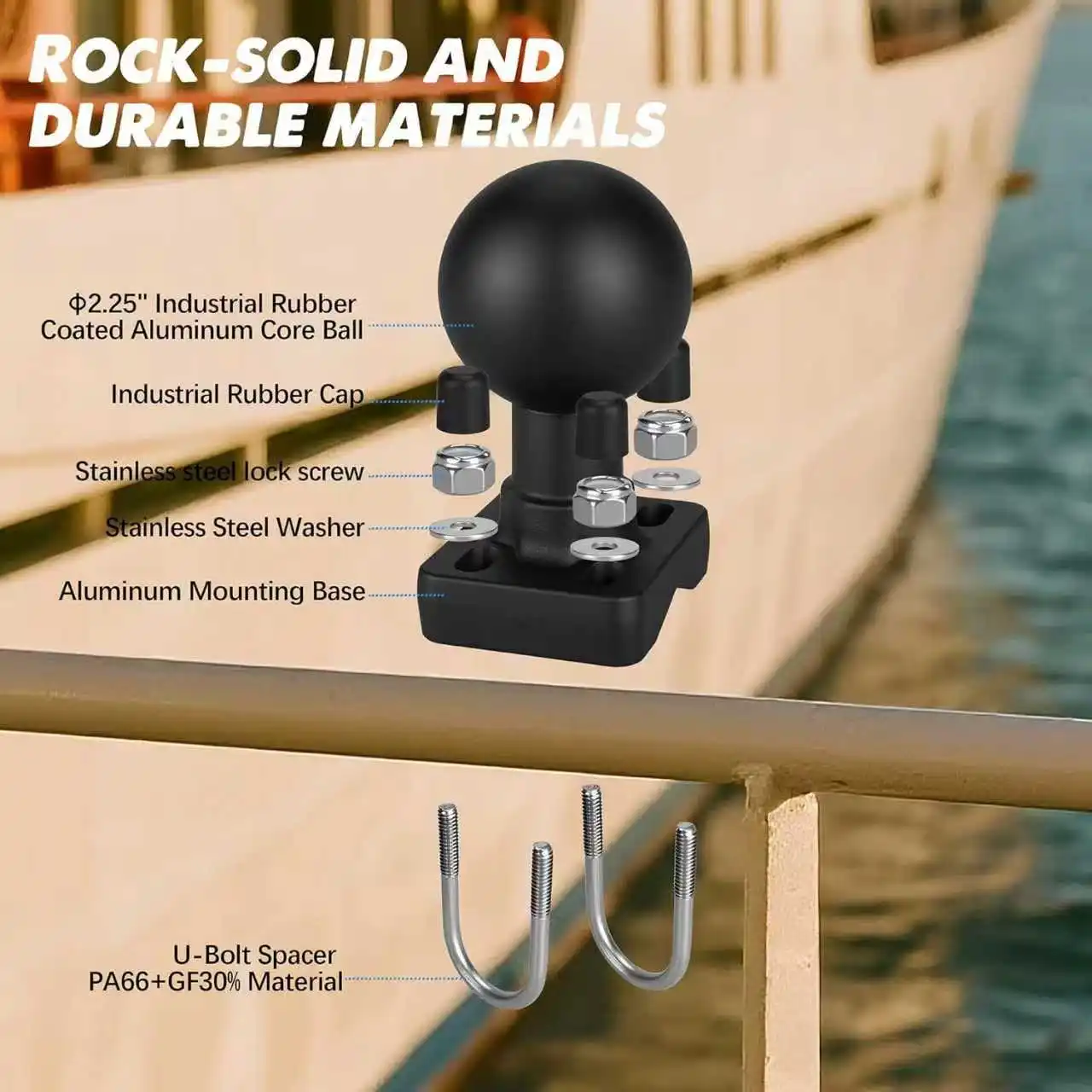 

\Base fixed with double U-shaped bolts, equipped with a 2.25-inch ball. Suitable for round tubes and half-round tubes, compatibl