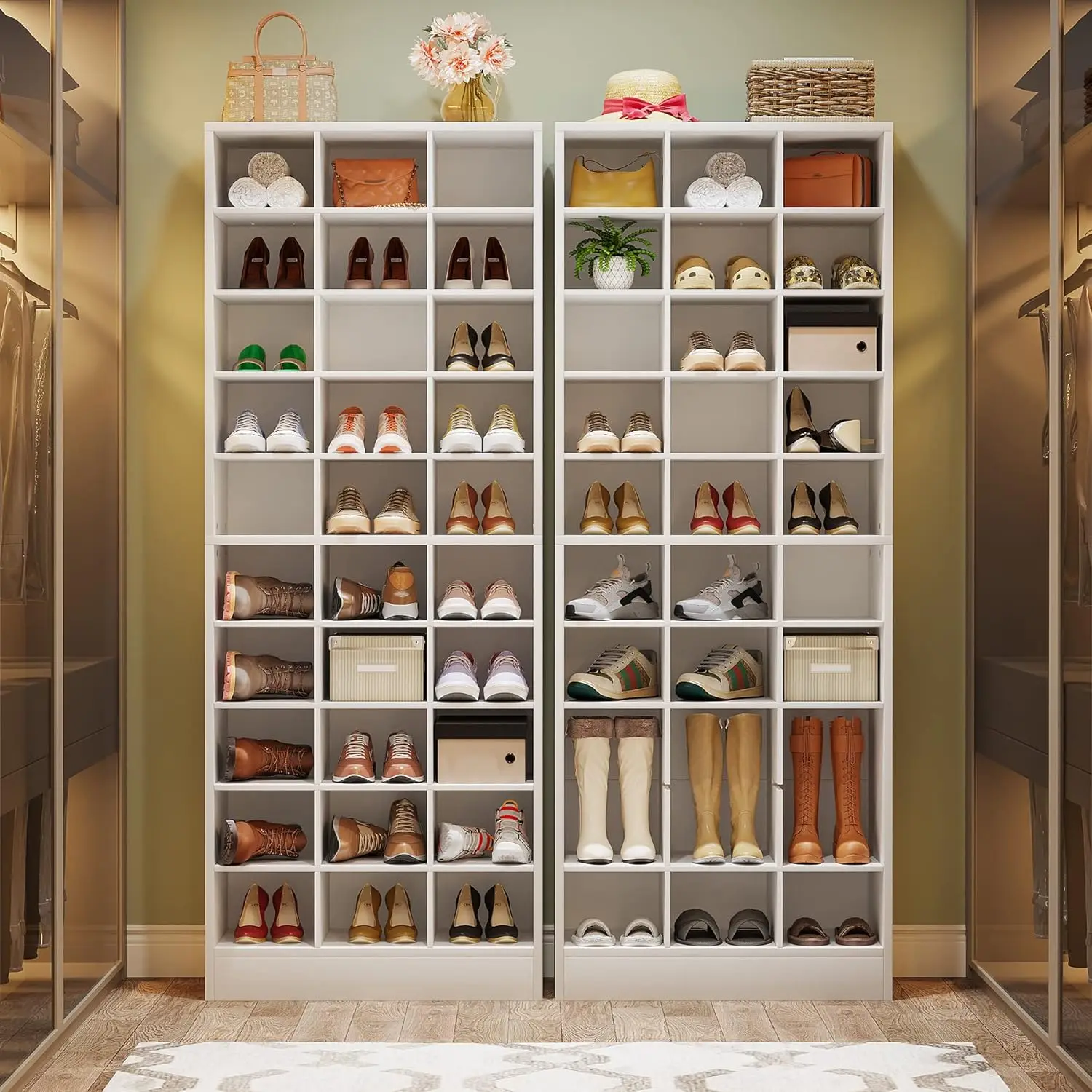 

10-Tier Shoe Storage Cabinet, White Wooden Shoe Rack with 30 Cubbies, Freestanding Tall Entryway Shoe Organizer